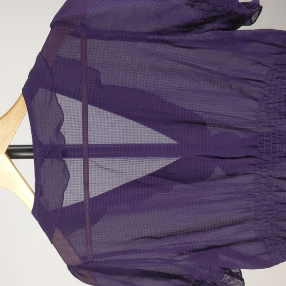 Basque Blouse Size 14 Purple Sheer Ruffle Short Sleeve Button-up Check Elastic - Picture 9 of 13